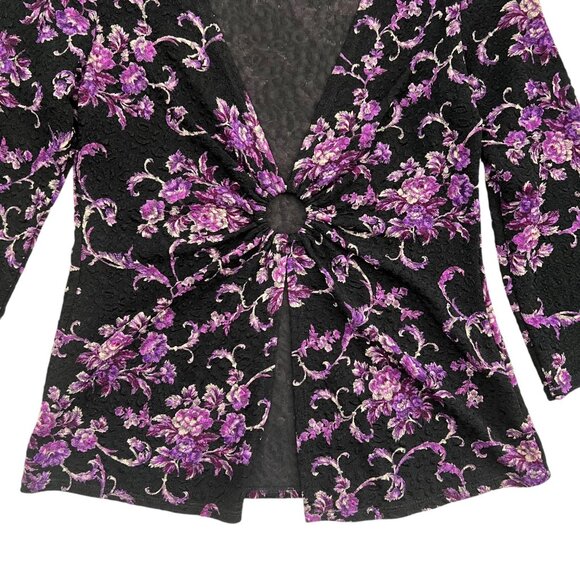 Vintage Y2K Floral Slinky Ring Deep Vneck Top Black Purple Small Disco Going Ou - Picture 4 of 13